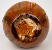 MARY MacDONALD (Harvey School) yellow and green glazed pottery vase with applied frog, gumnuts and leaves, incised "M. MacDonald, Q.", 11.5cm high. - 5