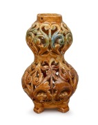 MARY MacDONALD (Harvey School) yellow and green glazed pierced pottery lamp base, incised "M. MacDonald, Q.", 21.5cm high.