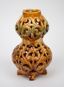 MARY MacDONALD (Harvey School) yellow and green glazed pierced pottery lamp base, incised "M. MacDonald, Q.", 21.5cm high. - 2