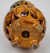 MARY MacDONALD (Harvey School) yellow and green glazed pierced pottery lamp base, incised "M. MacDonald, Q.", 21.5cm high. - 3