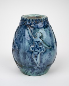 LYN MEADOWS hand-built blue glazed pottery vase with ballerina motif, incised "Lyn Meadows", 15cm high.