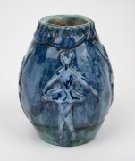 LYN MEADOWS hand-built blue glazed pottery vase with ballerina motif, incised "Lyn Meadows", 15cm high. - 2