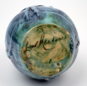 LYN MEADOWS hand-built blue glazed pottery vase with ballerina motif, incised "Lyn Meadows", 15cm high. - 3