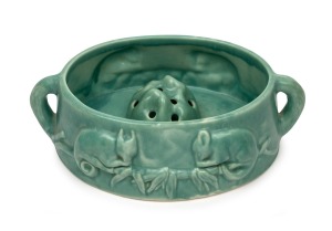 MELROSE WARE green glazed pottery possum trough with original flower aide frog (rare), factory mark to base "Melrose Ware, Australian", 11cm high, 34cm wide.