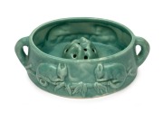 MELROSE WARE green glazed pottery possum trough with original flower aide frog (rare), factory mark to base "Melrose Ware, Australian", 11cm high, 34cm wide.