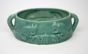 MELROSE WARE green glazed pottery possum trough with original flower aide frog (rare), factory mark to base "Melrose Ware, Australian", 11cm high, 34cm wide. - 2
