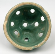 MELROSE WARE green glazed pottery possum trough with original flower aide frog (rare), factory mark to base "Melrose Ware, Australian", 11cm high, 34cm wide. - 5