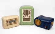 Three vintage mantle radios in green, blue and cream cases (note: later colour changes), mid 20th century, the largest 36cm high.