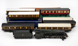 BASSETT-LOWKE "FLYING SCOTSMAN" O gauge tinplate 20 volt locomotive and tender in original box, together with seven assorted passenger carriages, three of which have original boxes.