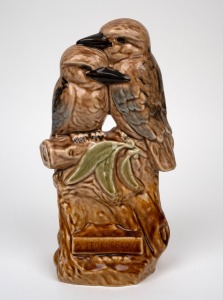 HUNTLY POTTERY "A Story of Love" pottery kookaburra figural group, factory mark to base, 31.5cm high.