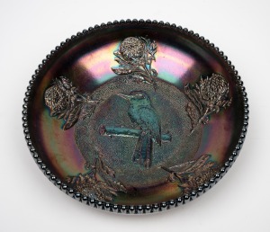 CROWN CRYSTAL "Waratah and Kookaburra" cobalt carnival glass bullet edged float bowl, 7cm high, 27.5cm wide.