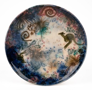 ARTHUR MERRIC BOYD and NEIL DOUGLAS pottery plate, decorated with kangaroos in bush landscape, incised "Neil Douglas, Australia, 1949", 22.5cm diameter.
