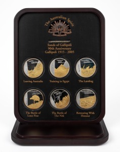 THE AUSTRALIAN SPIRIT "SANDS OF GALLIPOLI, 90th ANNIVERSARY, GALLIPOLI, 1915-2005" commemorative set of six medallions, finished in silver and gold, issued in 2005 to mark the 90th anniversary of the Gallipoli landing, in original presentation case with c