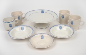 HUDDART PARKER LINE porcelain tableware comprising of a comport, two bowls, saucer, three mugs and a teacup, (8 items), the comport 7cm high, 23.5cm diameter.