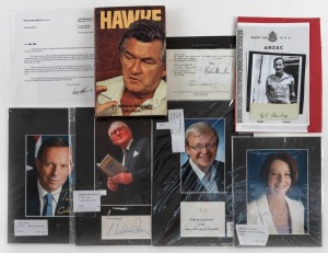 AUTOGRAPHS - PROMINENT AUSTRALIANS: Group comprising two signed photographs (Malcolm Fraser, Tony Abbott), signatures on letterhead or loose paper (Bob Hawke, Sir David Smith, Weary Dunlop) plus "Hawke - the definitive biography" by John Hurst [1979, Angu