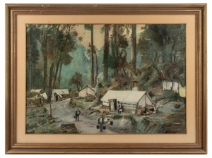 ARTIST UNKNOWN, (the loggers' camp), charcoal and pastel on paper, 38 x 55cm, 52 x 70cm overall.