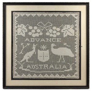 ADVANCE AUSTRALIA ​​​​​​​framed folk art crocheted lace Australian coat of arms, late 19th century, 64 x 64cm overall.