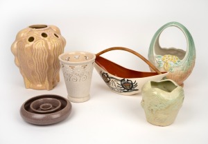 GUY BOYD pottery candle holder, RATHJEN floral pottery vase, WEMBLEY WARE basket vase, GREENWAY pottery fish vase, DIANA pottery vase and STUDIO ANNA souvenir basket vase, (6 items), the largest 24cm high.