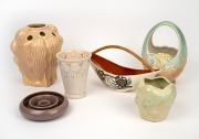 GUY BOYD pottery candle holder, RATHJEN floral pottery vase, WEMBLEY WARE basket vase, GREENWAY pottery fish vase, DIANA pottery vase and STUDIO ANNA souvenir basket vase, (6 items), the largest 24cm high.