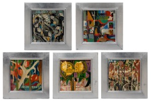 JOSEPH GREENBERG (1923-2007), group of five floral studies, acrylic on board, each titled and signed verso, 21 x 20cm each, 31 x 30cm each overall.
