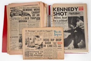 A large album containing many Australian newspapers issued in decades spanning the 1930s to the 2000s, headlines include "Pres. Kennedy Assassinated", "Holt's Death Feared", "Man Walks On Moon", "Nixon Resigns", "Kerr Sacks Whitlam", and "Victory For Mand