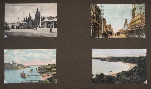 Assorted antique and vintage postcards in a large blue album, themes include Melbourne, St.Kilda, Mordialloc, Williamstown and many others, (qty).