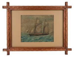ARTIST UNKNOWN, (ship at sea), gouache, housed in an attractive Australian cedar cross stretcher frame, with label verso "Robt. R. Stanesby, Yarra Street, Geelong", 22 x 27cm, 43 x 56cm overall.