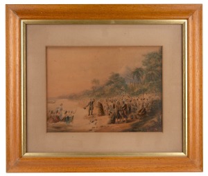 GEORGE BAXTER (1804-1867), "The Rev. J. Waterhouse Superintending the Landing of the Missionaries at Taranaki, New Zealand", colour lithograph, 23 x 31cm, 45 x 52cm overall.