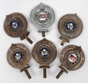 ROYAL AUTOMOBILE CLUB OF VICTORIA group of six vintage membership car badges, circa 1920s/30s manufactured by Stokes & Sons of Melbourne, ​​​​​​​14.5cm high each overall.