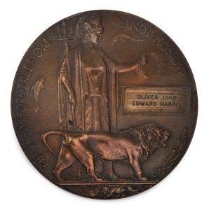 WWI BRONZE MEMORIAL PLAQUE (Death Penny): inscribed "He Died for Freedom and Honour", in the name of OLIVER JOHN EDWARD HARRIS, and issued to his next of kin, blank on reverse, 120cm diameter. Lieutenant Oliver John Harris (1885-1919), 7th Battalion A.I.