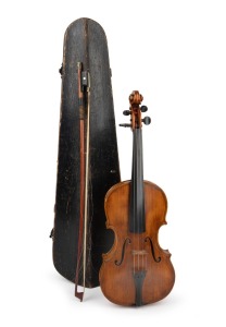 A rare Australian made blackwood violin with spruce top, housed in a coffin case with cello bow, 59.5cm long.