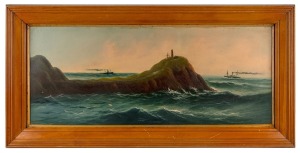 ARTIST UNKNOWN, (lighthouse and steamships), oil on board, 34 x 82cm, 48 x 98cm overall.