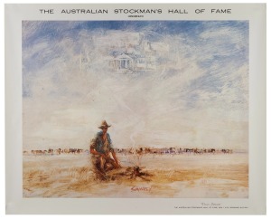 A group of poster prints (lithographic and otherwise), including Allan Bernaldo "The Overlanders", "Wilmington Farm", and "Stage Coach" (all three signed and dedicated), Albert Namatjira "Glen Helen Landscape", Hugh Sawrey "Reining the Near Leader", and f