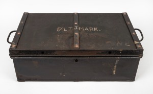 FLIGHT LIEUTENANT J. MARK metal footlocker with hand-painted ownership details, 20th century, ​​​​​​​21cm high, 61cm wide, 36cm deep.