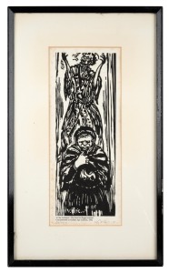 VICTOR O'CONNOR (1918-2010), In The Cathedral: The Saint & Begger-woman, linocut, 32/200, signed in pencil lower right "V.G. O'Connor", ​​​​​​​30 x 12cm, 43 x 26cm overall.