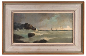 ARTIST UNKNOWN, (seascape with boats), oil on cedar board, signed and dated upper left "Cabia(?), 1886", 22 x 43cm, 38 x 59cm overall.