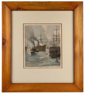 Two antique framed newspaper extracts with hand-coloured embellishments, titled: 1.) Cape Otway, II.) The Basin of the Yarra, the larger 42 x 38cm overall.