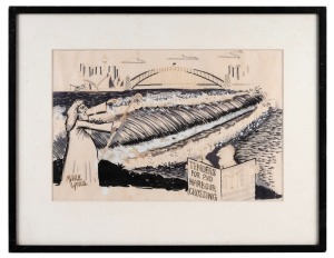MARK LYNCH "Tenders For Second Harbour Crossing" original cartoon artwork for The Bulletin Jan. 26, 1982, page 133. Signed lower left with hand-written note from the artist affixed verso, 21 x 31cm, 34 x 44cm overall.