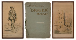 DARYL LINDSAY "DIGGER" Book (12 of 14 plates present), together with two framed lithographs by the artist, (3 items), ​​​​​​​the lithographs 37 x 22cm overall.