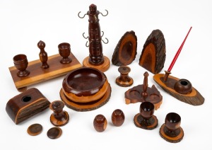 A collection of assorted vintage mulga wood items including desk sets, bookends, bowl, condiments, eggcups, etc, mid 20th century, (11 items), the largest 25cm high.