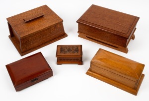 Five assorted Australian timber boxes, silky oak, kauri pine, cedar and Queensland maple 20th century, ​​​​​​​the largest 23cm wide.