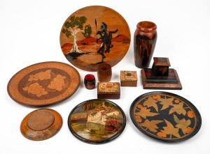 POKERWORK vase, boxes, dishes, plaque, desk tidy, etc, 20th century, (11 items), the vase 20cm high.