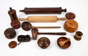 Assorted treen ware including, rolling pine, serving spoon, cigarette box, Japanese string line, hand pump, boxes, etc, (15 items), ​​​​​​​the largest 48cm long.
