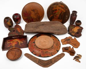 Assorted Australian pokerwork, wood ware, folk art items, including vases, bread boards, Sydney Harbour Bridge boomerang etc., (qty).
