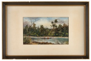 A. S. WEMYSS (New Zealand), (figures in canoe), oil on card, signed lower left "A. S. Wemyss", 14 x 24cm, 30 x 45cm overall.