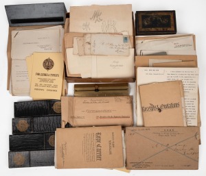 PATENT APPLICATIONS: A file box containing an accumulation of 1920s-30s patent applications from a Victorian inventor, including documentation, correspondence, letters of commendation, designs, and examples of one of the "inventions"; also, several envelo