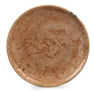 NEIL DOUGLAS & ARTHUR MERRIC BOYD pottery plate with sgraffito emus in landscape, incised "Neil Douglas, A.M.B. Australia, 1951", 25cm diameter.