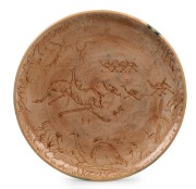 NEIL DOUGLAS & ARTHUR MERRIC BOYD pottery plate with sgraffito emus in landscape, incised "Neil Douglas, A.M.B. Australia, 1951", 25cm diameter.