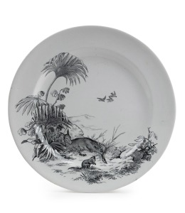 "THE AUSTRALIAN BUSH" antique English porcelain plate adorned with kangaroos in landscape by BROWNFIELD, circa 1874, factory and diamond registration marks to base, 26cm diameter