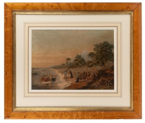 GEORGE BAXTER (1804-1867), "The Rev. J. Waterhouse Superintending the Landing of the Missionaries at Taranaki, New Zealand", colour lithograph, housed in an attractive period birdseye maple frame with gilt slip and glazing, 29 x 41cm, 57 x 67cm overall.